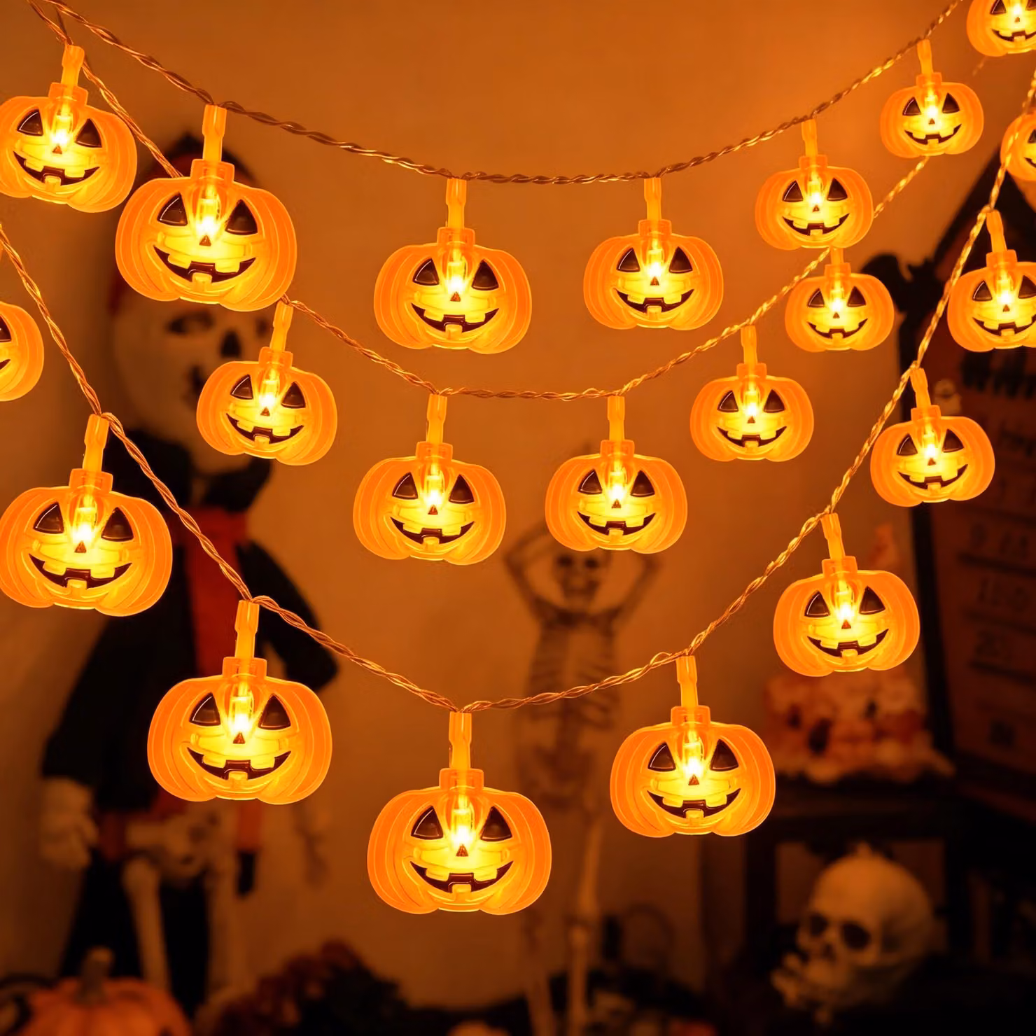 Catena luminosa a tema Halloween, 3 metri, 20 LED a forma di zucca, alimentata a batteria, con timer
