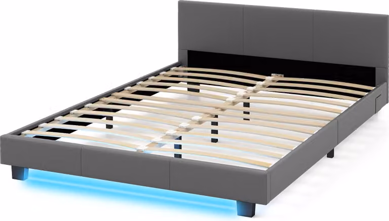 Letto imbottito COSTWAY 140x200cm con illuminazione LED, struttura letto matrimoniale con rete a doghe e testata in Pelle finta, solo struttura letto grigio
