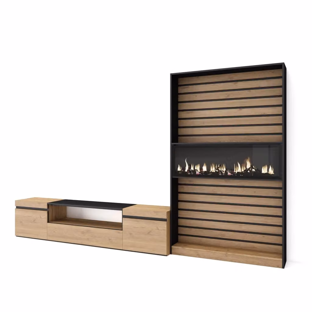 Mobile TV da soggiorno Skraut Home con camino elettrico per TV fino a 80 pollici, colore Rovere e nero, L 310 cm x P 35 cm x H 186 cm – 2