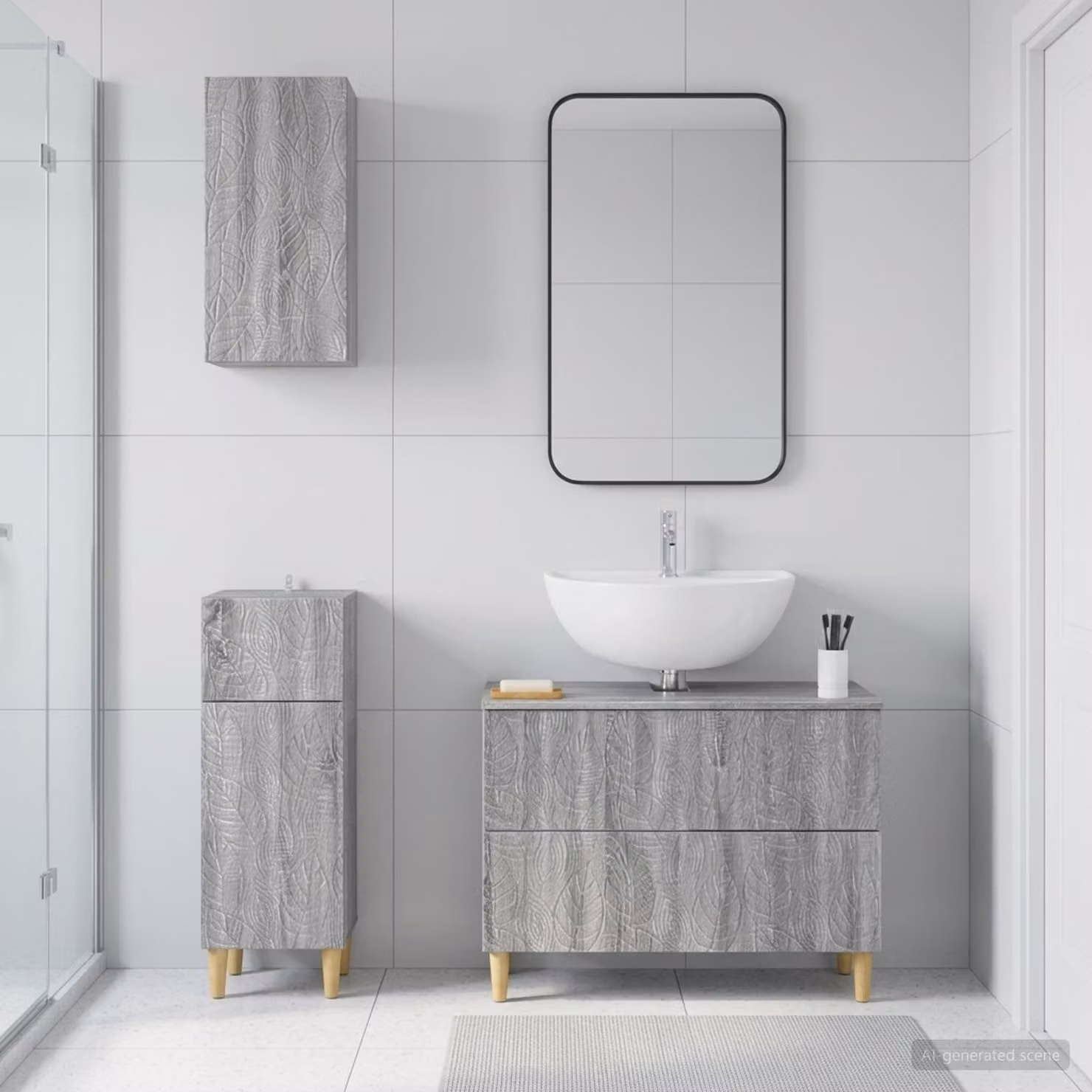 Set di armadietti da bagno vidaXL DELFT in 3 pezzi, colore grigio, stile minimalista con vanità e pensili a muro
