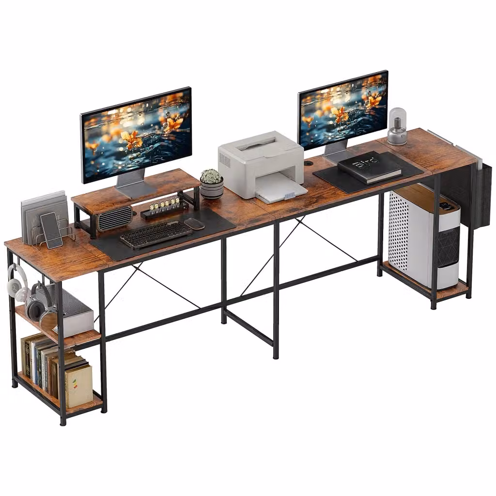 Scrivania angolare reversibile XYLO con ripiano monitor in legno marrone rustico L/P/H: 168-240 x 120 x 76 cm – 2