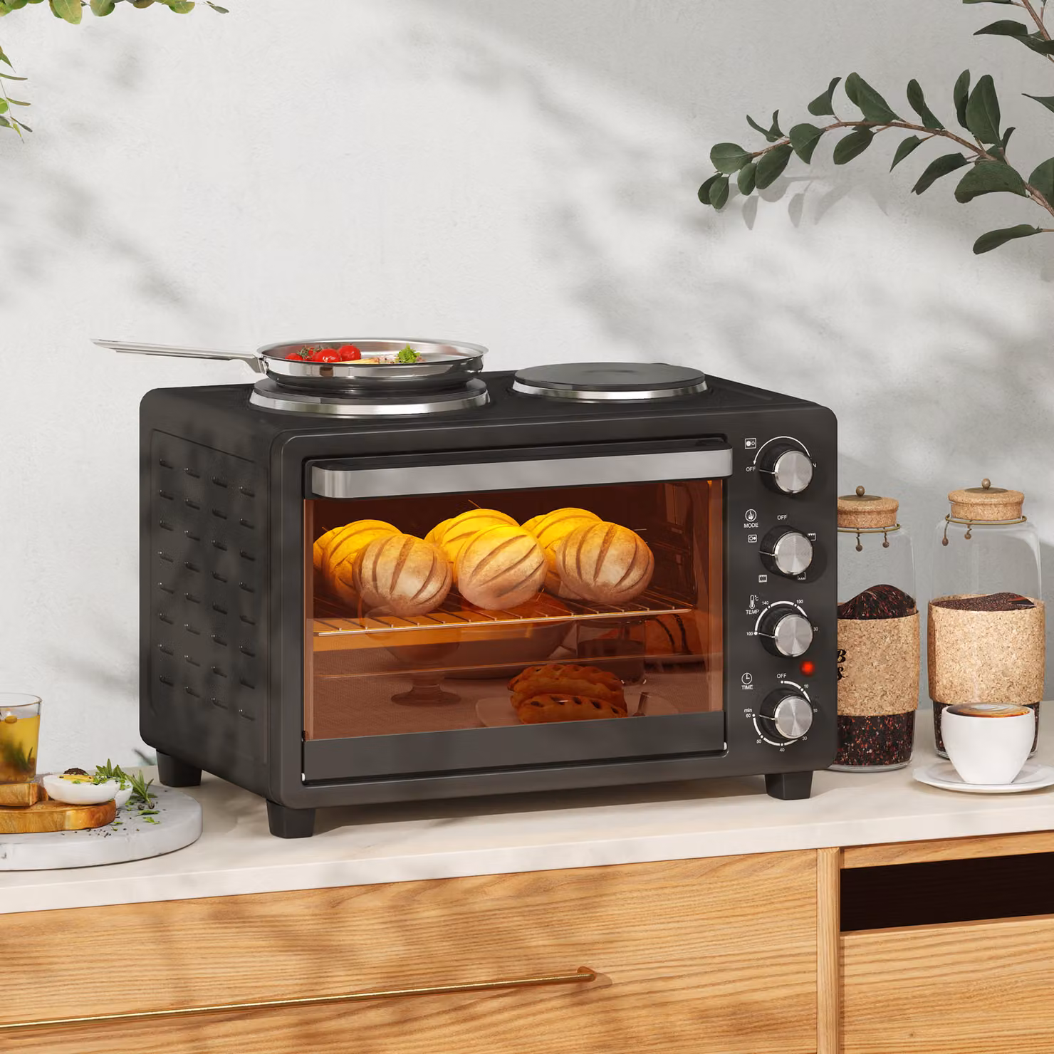 Forno elettrico da appoggio HOMCOM da 28L con grill, 2600W, temperatura regolabile e timer, nero, L: 48,6 cm, P: 36,3 cm, H: 33 cm – 2