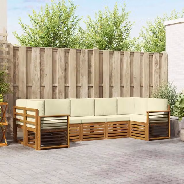 Set di divani da esterno a L vidaXL in legno di acacia con cuscini beige e bianchi per giardino e terrazza