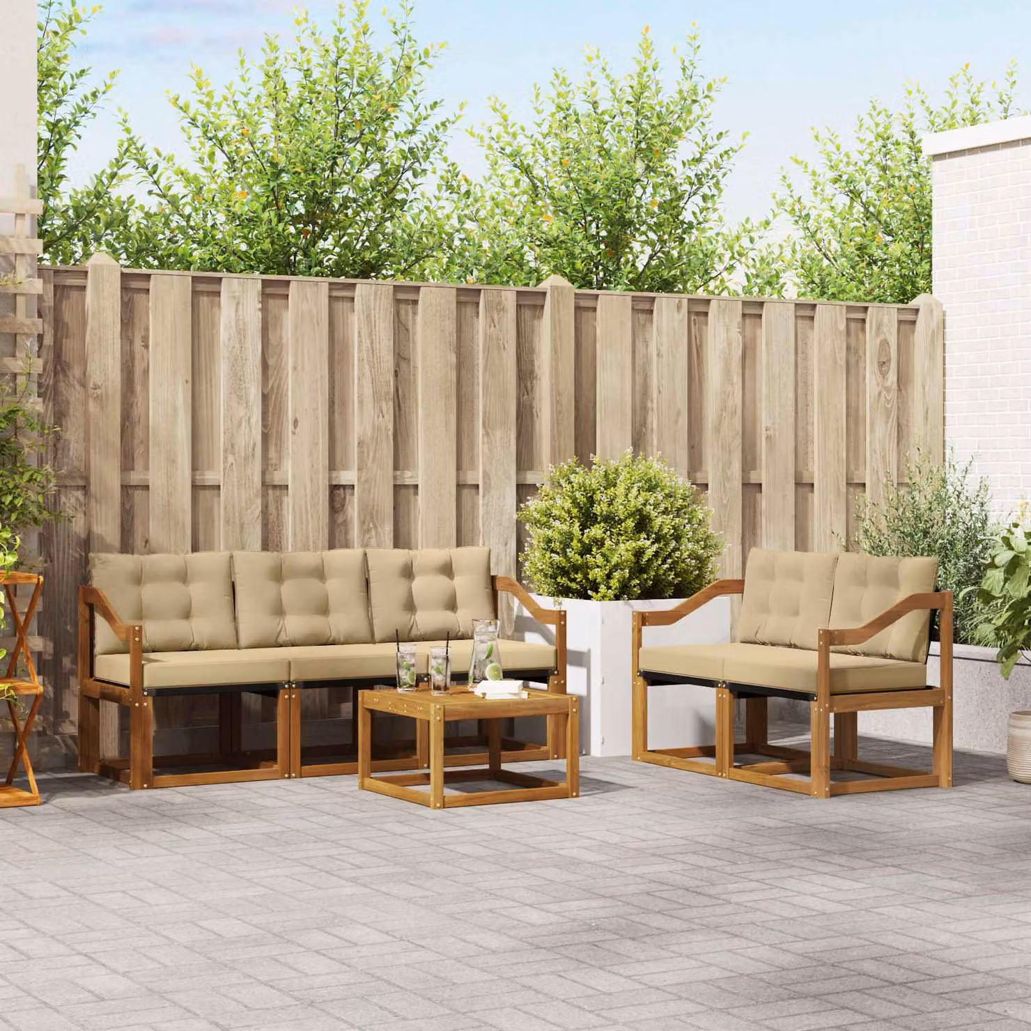 Set di divani da esterno vidaXL in legno di acacia con tavolino e cuscini, colore beige e marrone