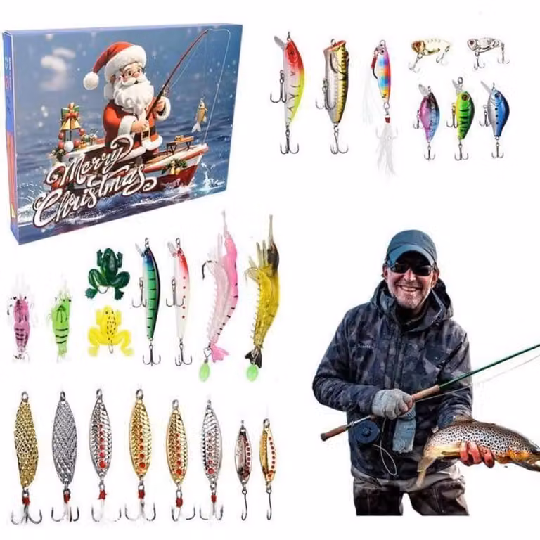Calendario dell'Avvento 2025: set da 24 esche artificiali per pescatori, regalo di Natale