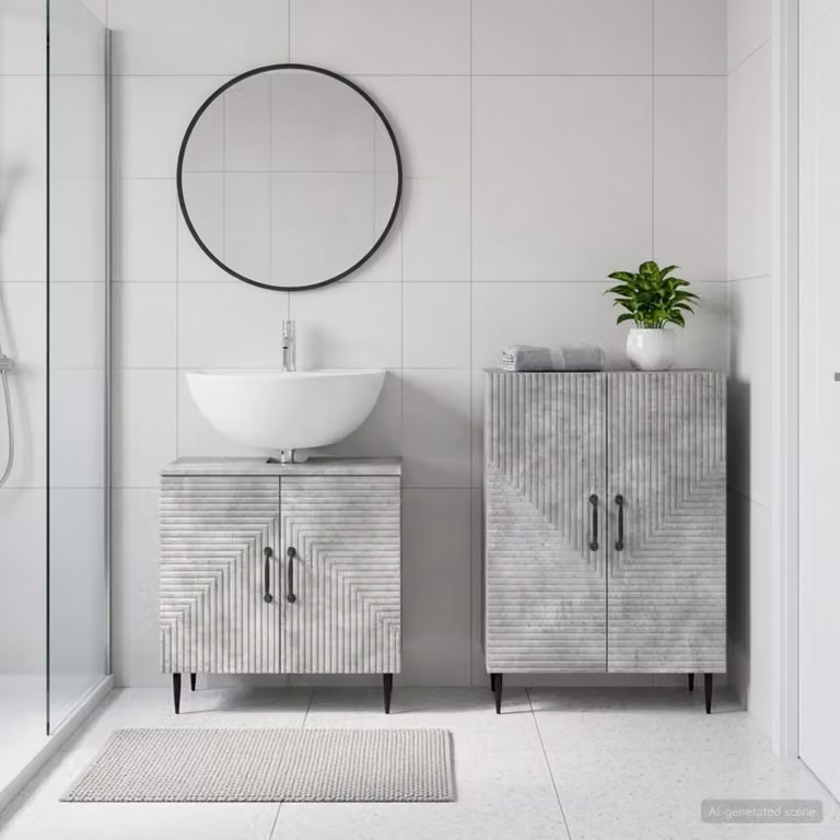 Set di mobili da bagno vidaXL HAARLEM composto da 2 pezzi, mobile lavabo e mobile contenitore, colore grigio cemento, design moderno e freestanding