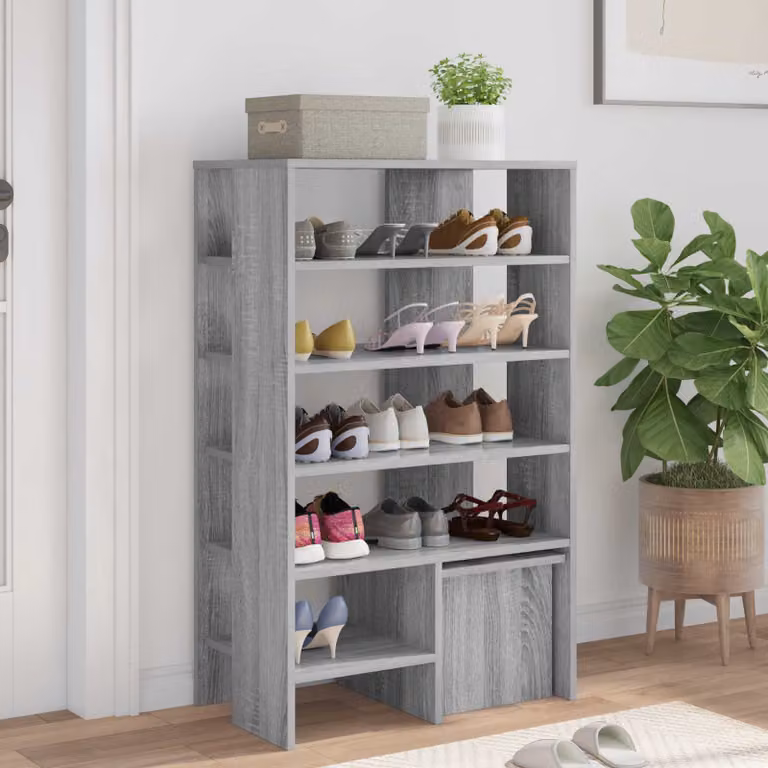 Mobile porta scarpe vidaXL con seduta integrata, colore grigio, in legno e MDF, L: 62 cm, P: 35 cm, H: 100 cm