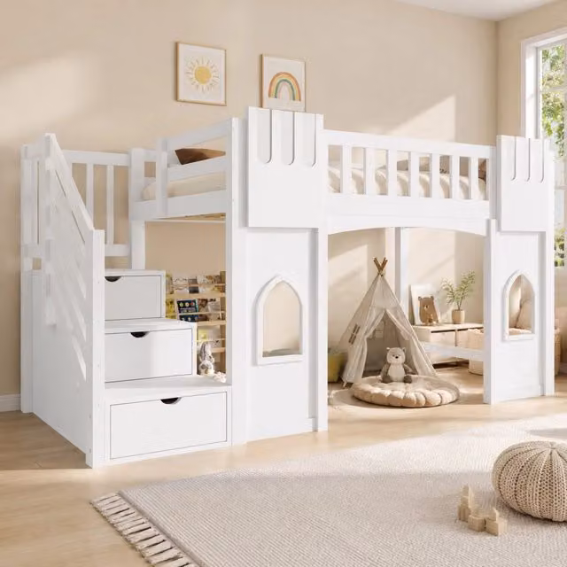Letto a soppalco singolo MIVRAY in pino e MDF bianco con scala contenitore e scomparti laterali L/P/H: 200 x 90 x 175 cm