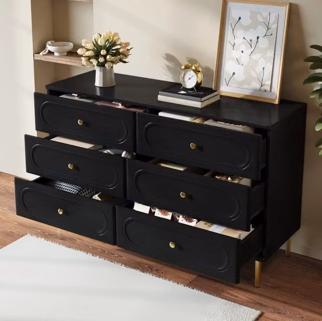 Credenza ULEVR 120x40x75 cm con 6 cassetti e gambe in metallo, nera