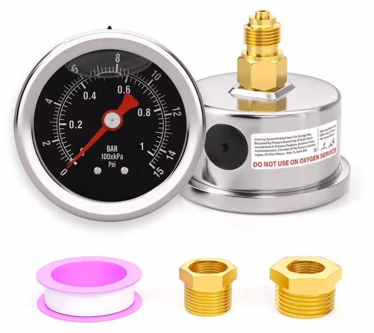 Manometro da 1,5", riempito con glicerina, attacco 1/8" BSP, scala da 0 a 15 psi / 0 a 1 bar