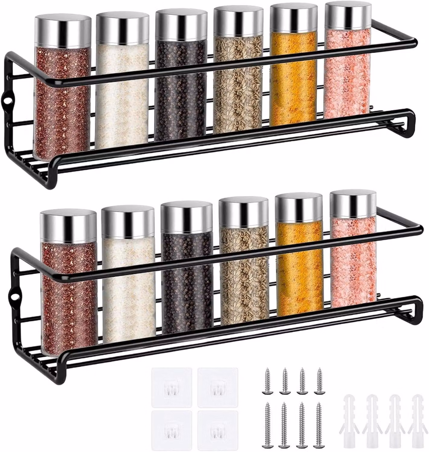 Set di mensole per erbe aromatiche, composto da 2 pezzi, colore nero, autoadesive e con viti, per ante di mobili da cucina