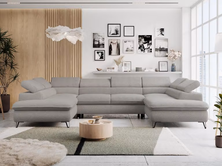 Divano ad angolo con funzione letto, contenitore, a forma di U, poggiatesta regolabili, divano da salotto - PETER U - Bouclé - Grigio chiaro