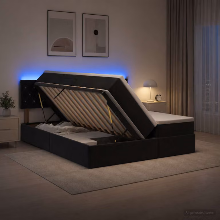 Letto con contenitore e materasso vidaXL in velluto nero con illuminazione LED e porte USB, L/P/H: 180 x 200 x 140 cm