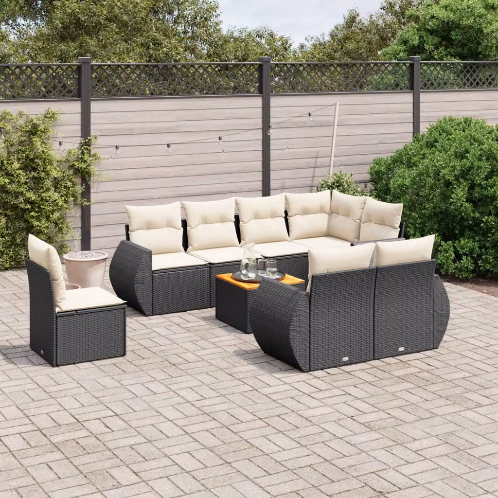 vidaXL Set Divani da Giardino 9 pz a Forma a U in Polyrattan Nero con Cuscini e Tavolino da Esterno – 1