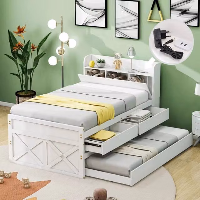 Letto singolo 90x190 cm in legno massello bianco con letto estraibile, cassetti e testiera contenitore