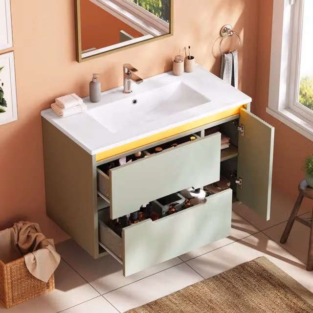Mobile bagno sospeso 81 cm con lavabo in ceramica; 2 cassetti e anta a onde; MDF verde e LED per bagno moderno