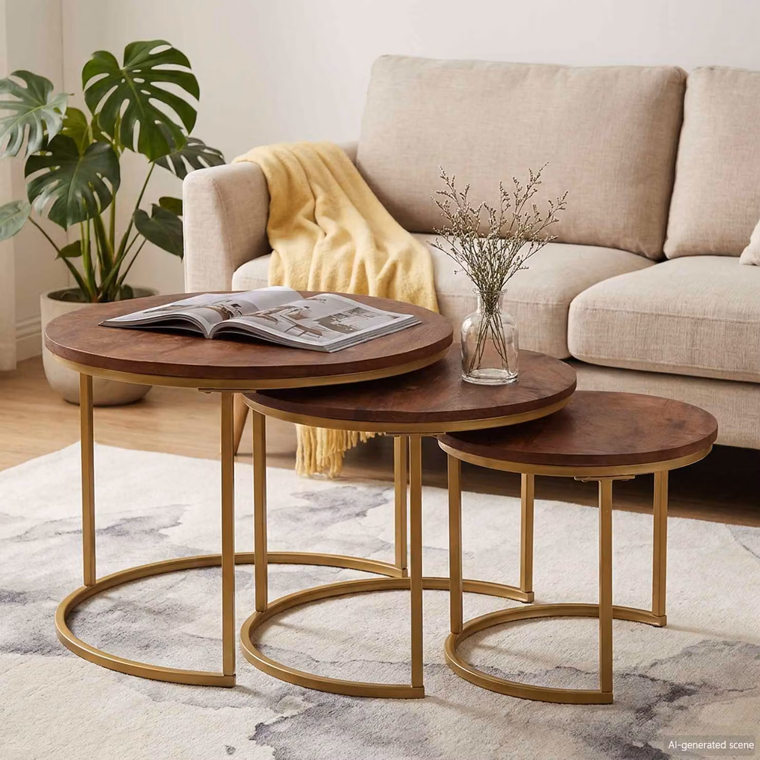 Set di 3 tavolini da caffè nido vidaXL in legno di mango e metallo, forma rotonda, colore marrone, L/P/H: 60 x 60 x 45 cm