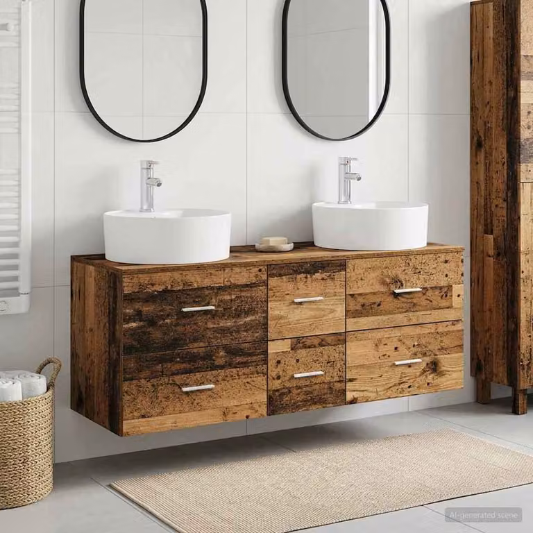 Set di mobili per il bagno moderno vidaXL in 3 pezzi color marrone e argento, composto da mobile lavabo e armadietti laterali in legno e metallo, L/P/H: 129,0 x 37,3 x 82,0 cm