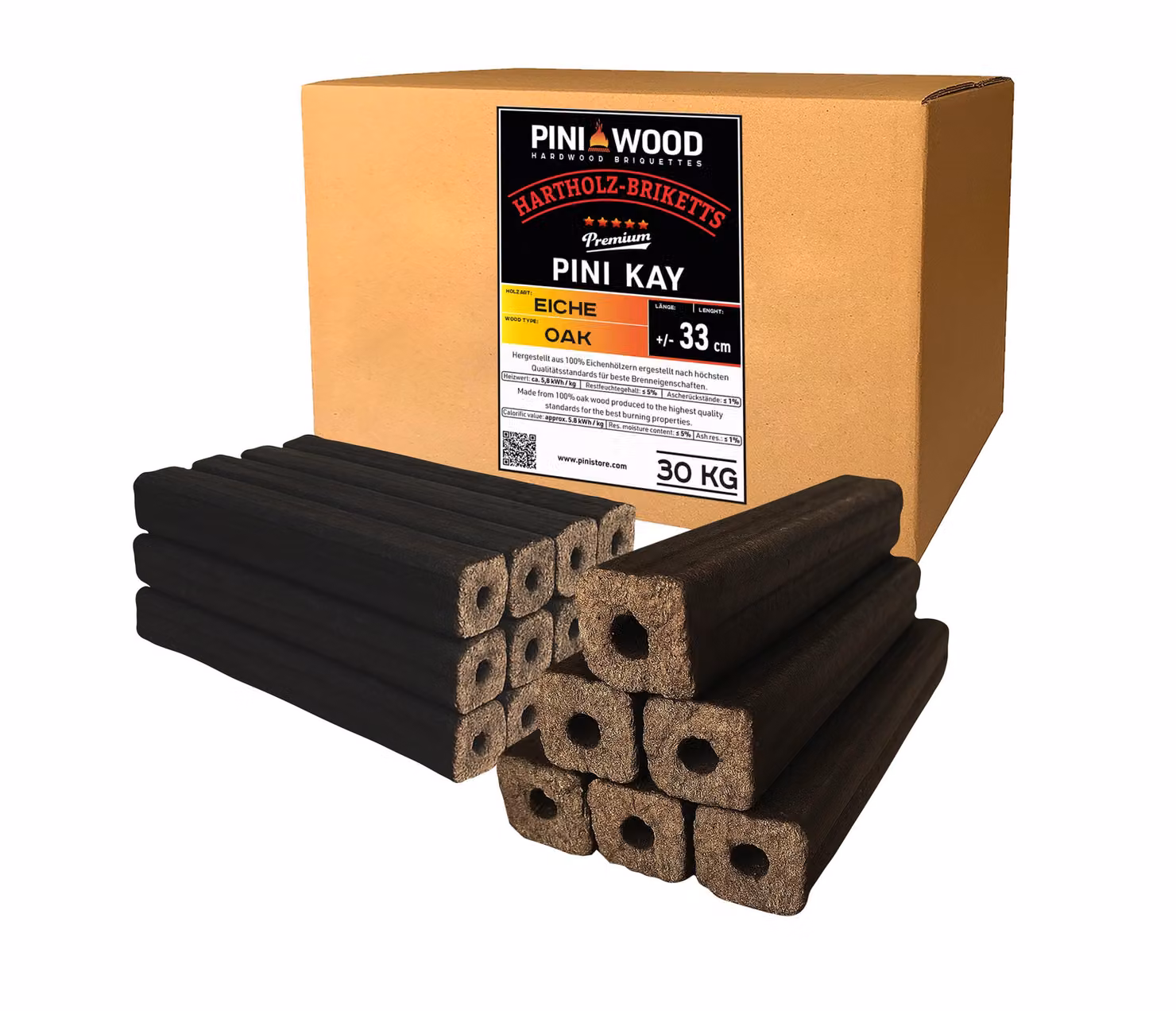 PINI Kay bricchetti di legno di quercia lunghi 33 cm quadrati con foro di estrazione 30 kg bricchetti di legno duro legna da ardere bricchetti di legno di quercia stufa camino barbecue