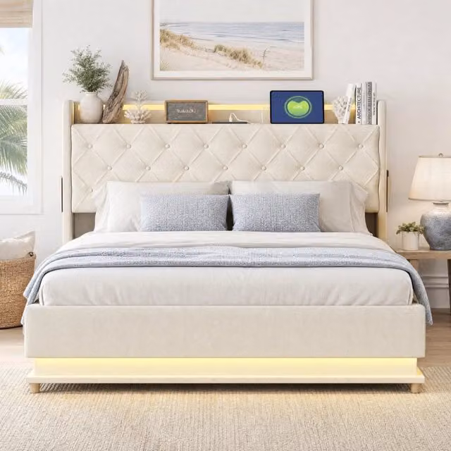 Letto imbottito LED 140x200 cm con porta USB e contenitore idraulico; beige