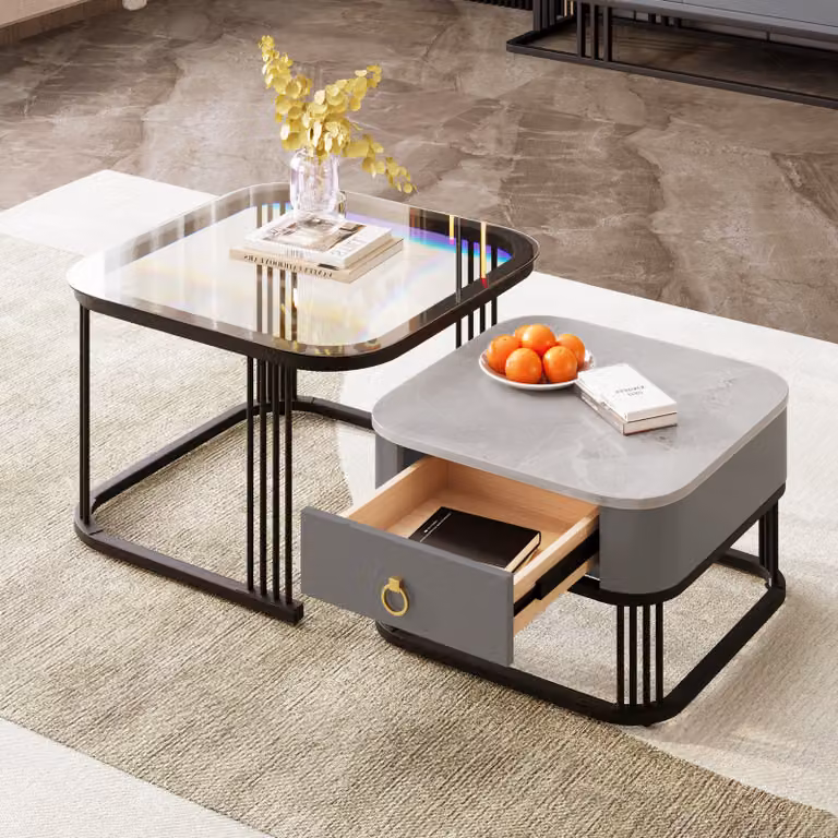 OKWISH Tavolino rotondo di design con piano in vetro - Struttura in metallo nero - Nero e grigio - 60x60x42 + 50x50x34 cm