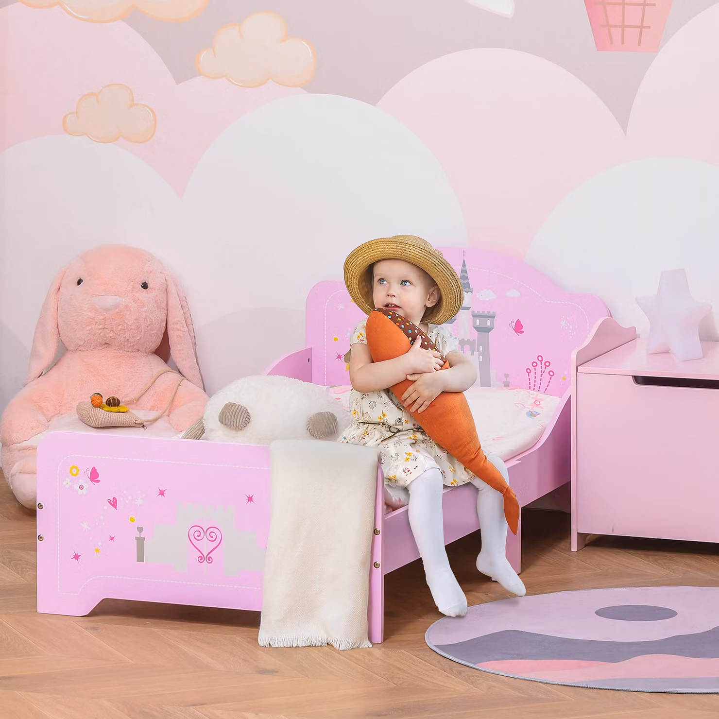 Letto per bambini HOMCOM in legno con sponde di sicurezza, rosa, L: 143 cm, P: 73 cm, H: 60 cm – 2