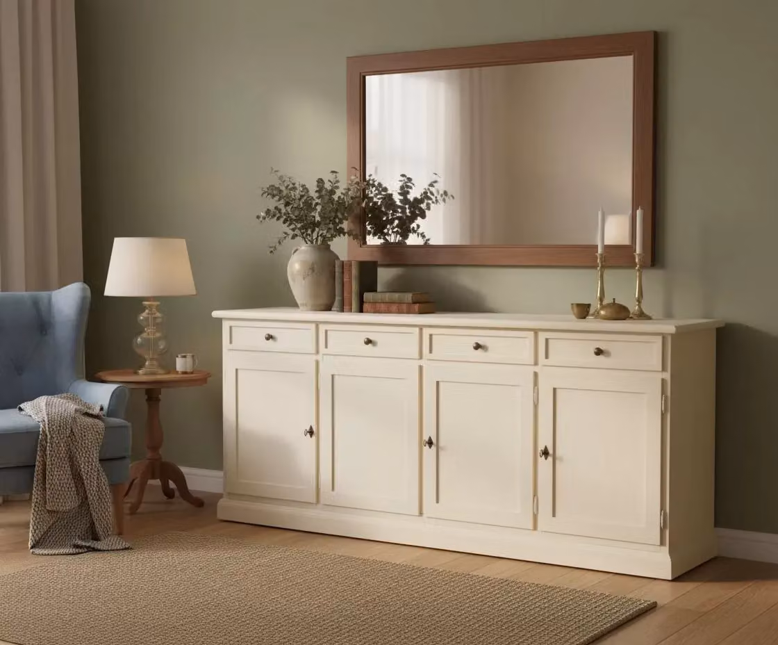 Madia credenza shabby chic in legno di pino con 4 porte di Mobili 2G, colore avorio anticato, L: 205 cm, P: 42 cm, H: 85 cm – 2