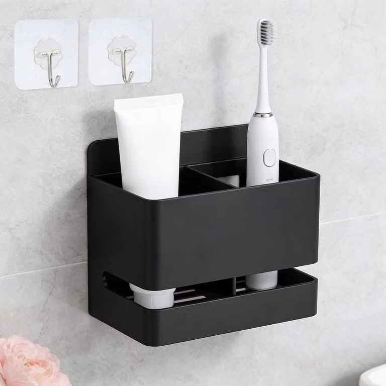 Portaspetini da parete, alluminio nero, 2 posti, organizer per bagno con ganci, dimensioni 11 x 7 x 9,8 cm, senza necessità di foratura