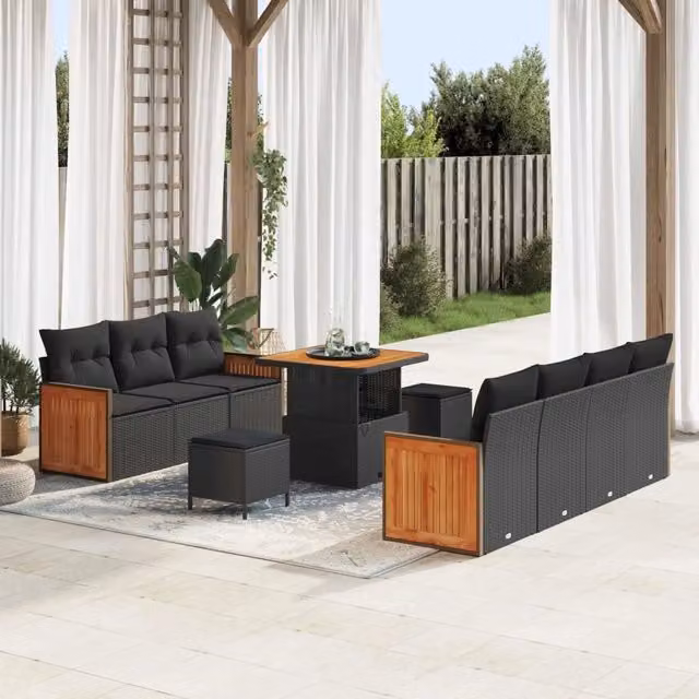 Set Divano da Giardino Moderno vidaXL a Forma a U, 10 Pezzi con Tavolino e Pouf, Colore Nero