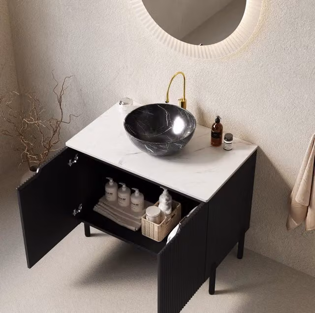 Mobile lavabo bagno nero con lavabo in ceramica e piano in pietra sinterizzata