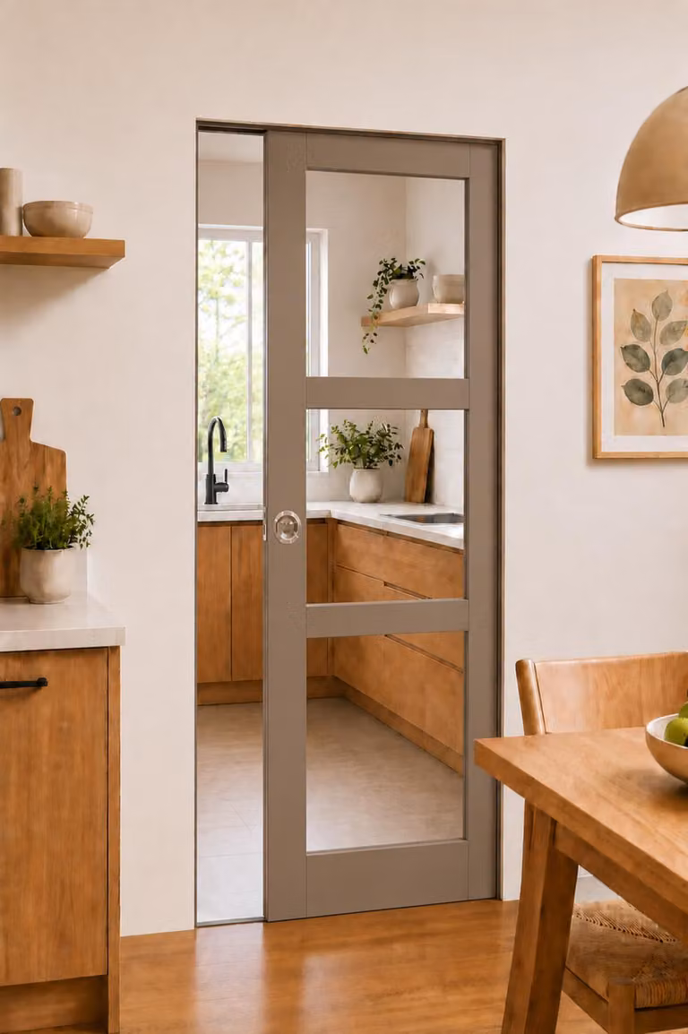 Porta scorrevole grigia beige con vetro trasparente H204 x L83 cm, con telaio Gd Menuserie