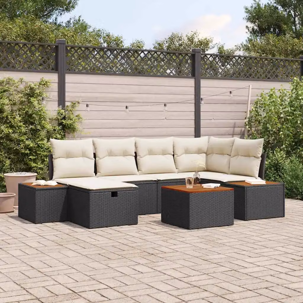 Set Divano da Giardino 7 pz vidaXL in Polyrattan Nero con Cuscini e Tavolino da Esterno L/P/H: 55 x 62 x 69 cm – 1