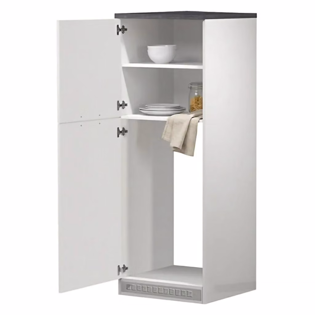 Dispensa da cucina Mesarthim DMORA, Mobile multiuso con vano porta frigo e 2 ante, Bianco lucido e Grigio, L: 60 cm, H: 165 cm – 2