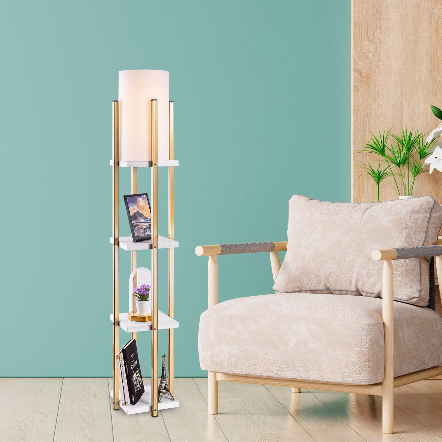 Opviq, lampada da terra di alta qualità, struttura in metallo, 25 x 25 x 130 cm, 1 x E27, max. 40 W, IP20, cavo a doppio isolamento (400 cm), elegante nei toni del bianco e dell'oro, ideale per gli interni moderni.