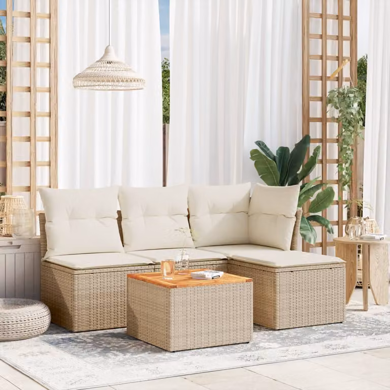 vidaXL Set Divano da Giardino 5 pz a L in Polyrattan con Cuscini Beige e Tavolino
