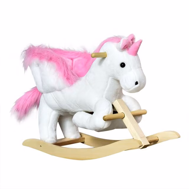 Cavallo a dondolo unicorno con musica HOMCOM, rivestimento in peluche bianco e rosa, struttura in metallo e legno, L 65 x P 32 x H 55 cm