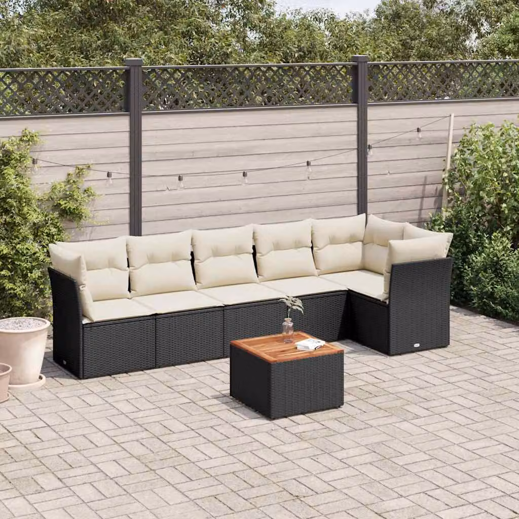 vidaXL Set Divani da Giardino a L con Cuscini 7pz in Polyrattan Nero e Legno di Acacia – 1
