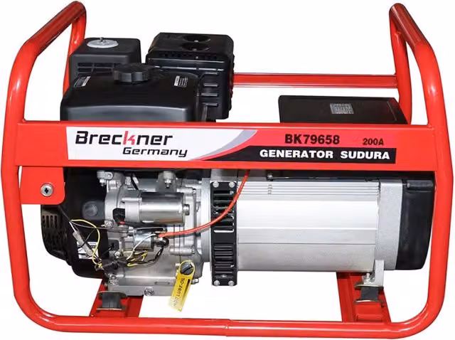 Motosaldatrice a scoppio Breckner Germany 200A con motore a benzina 15 HP, 5KW/220V e avviamento a chiave, colore rosso