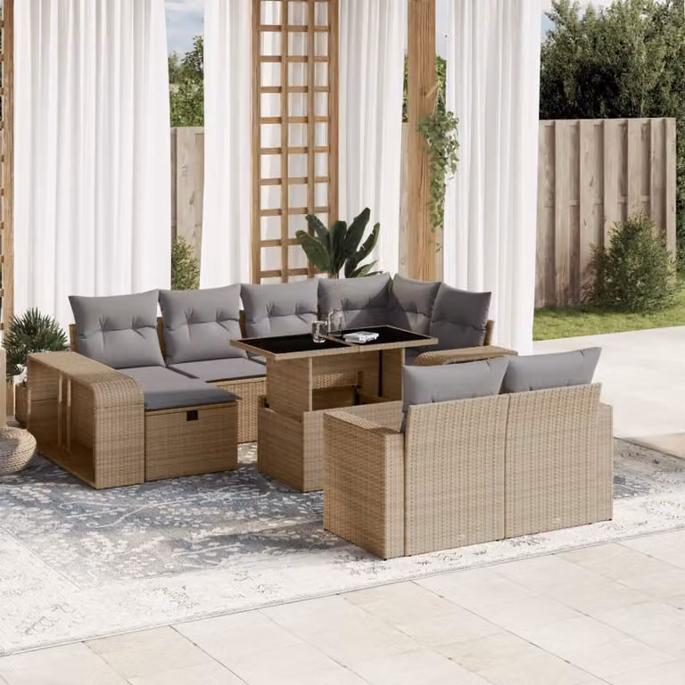 vidaXL Set Divani da Giardino 11 pz Moderno con Cuscini Beige e Tavolino in Polyrattan e Acciaio