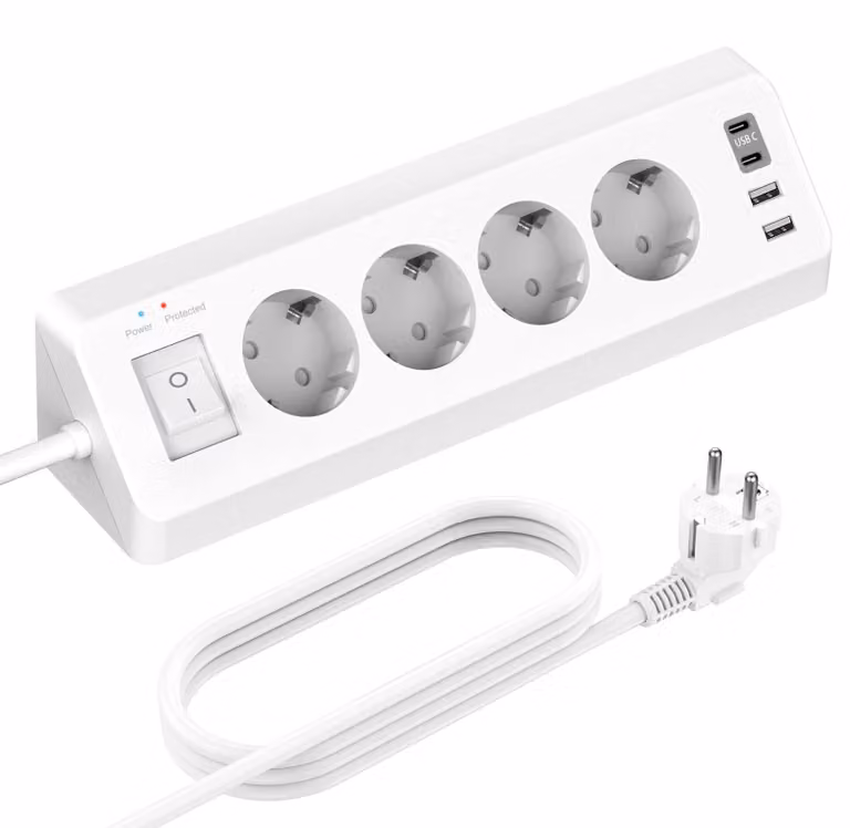 Ciabatta multipresa con 4 prese, porta USB-C, 4 porte USB, interruttore e cavo da 3 metri