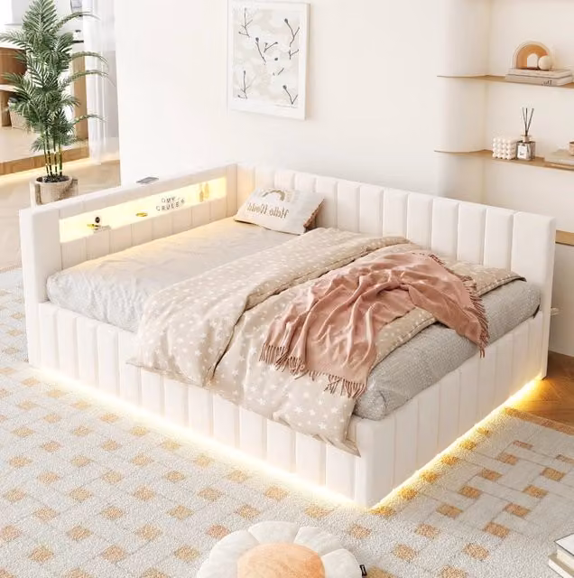 Letto imbottito 140x200 cm; contenitore idraulico; LED e USB; velluto; beige (Senza materasso)