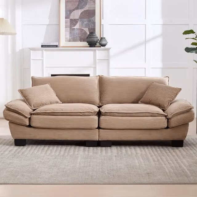 Divano lineare 2 posti con seduta profonda, braccioli imbottiti e cuscini in tessuto a coste khaki 224×81×81 cm