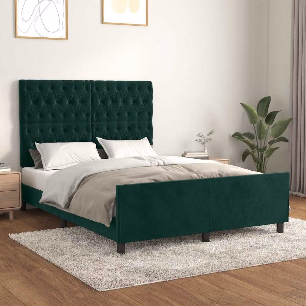 vidaXL Giroletto senza Materasso in Velluto Verde con Struttura in Legno L/P/H: 193 x 140 x 128 cm – 1