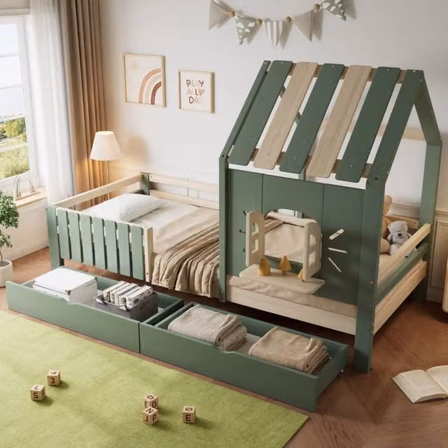 Letto a casetta WISHDOR per bambini con cassetti, verde e beige, L/P/H: 204 x 90 x 152 cm
