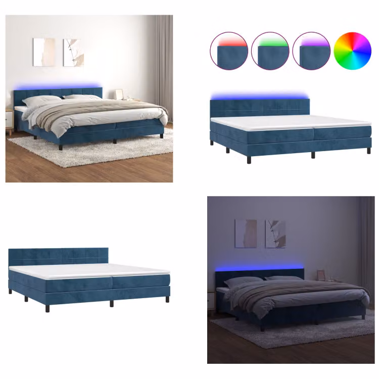 vidaXL Letto a molle con materasso e LED blu scuro 200x200 cm in velluto - Letto a molle - Letto a molle - Letto - Letti