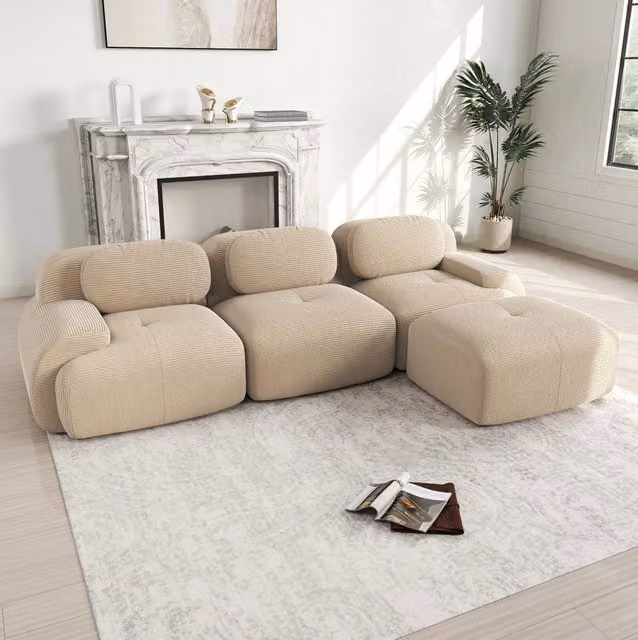 Divano angolare modulare senza struttura in tessuto a coste con imbottitura 32D; beige