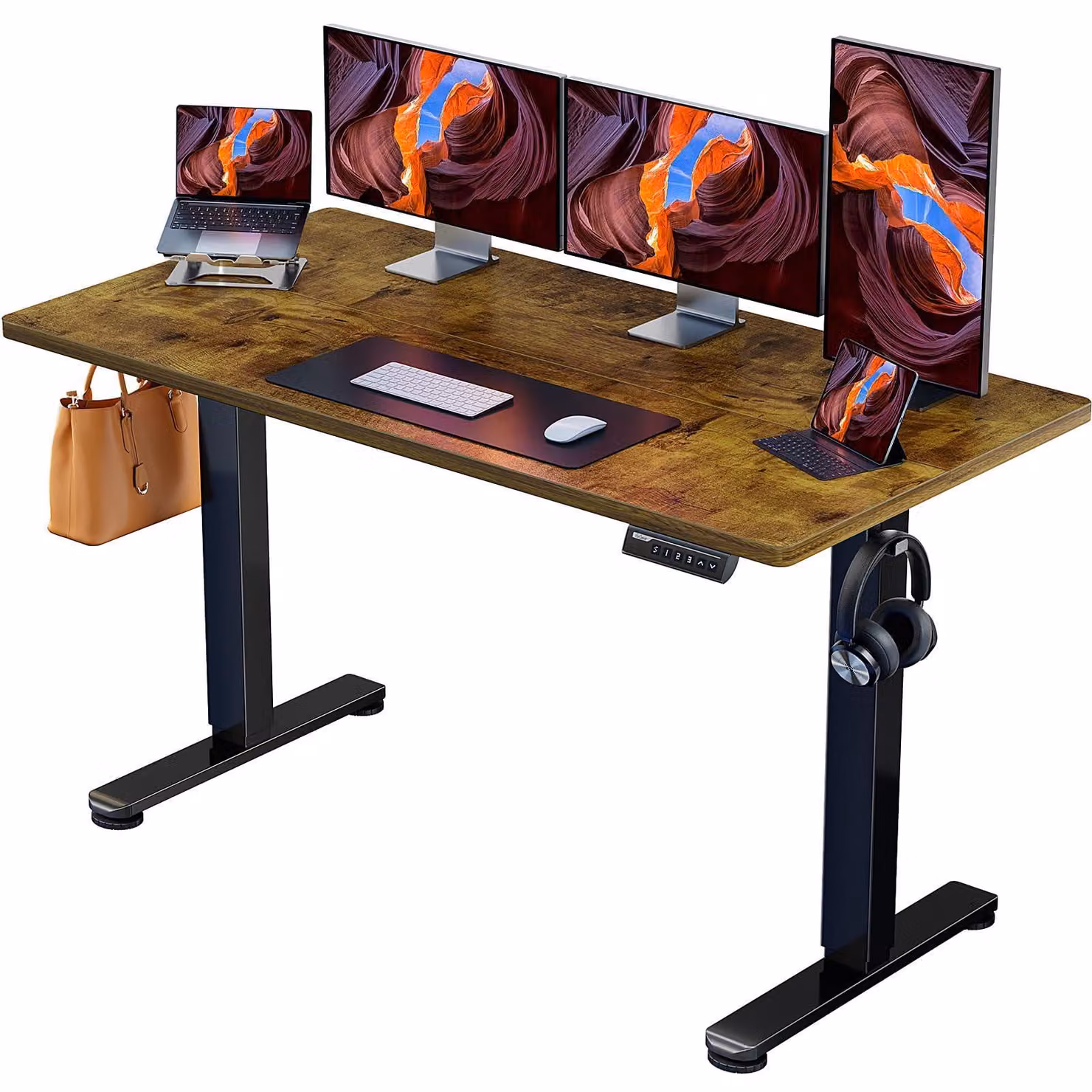 Scrivania regolabile elettricamente Zit-Sta - Piano di lavoro 140 x 70 cm - Colore legno vintage - Struttura in metallo