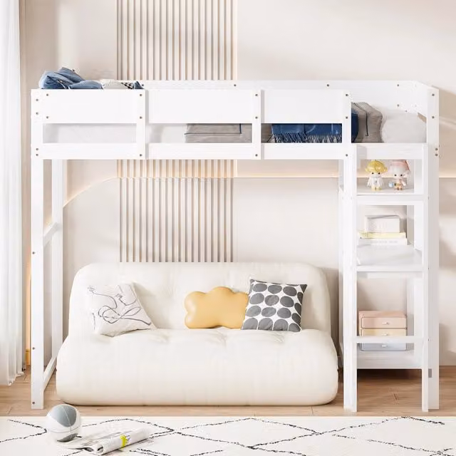 Letto a soppalco singolo FOLYNA in legno bianco con ripiano e rete a doghe L/P/H: 204 x 90 x 160 cm