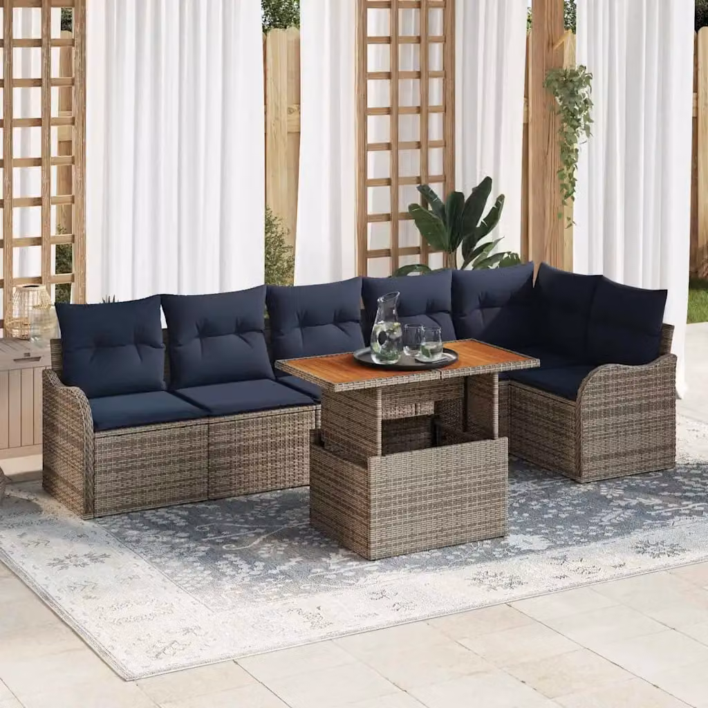 Set Divano da Giardino vidaXL 7 Pezzi a Forma di L con Tavolino, Grigio e Blu Navy