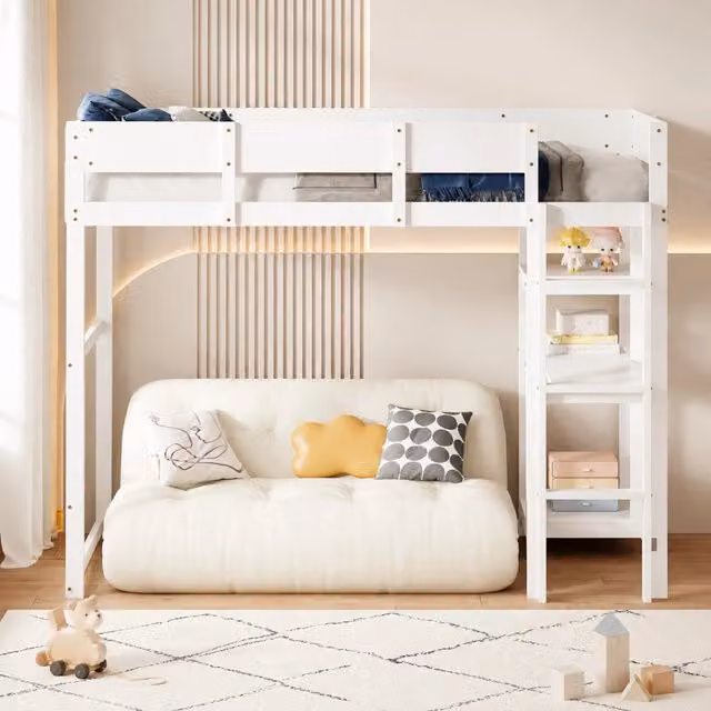 Letto a soppalco 90x200 cm con ripiano; in legno di pino massello bianco